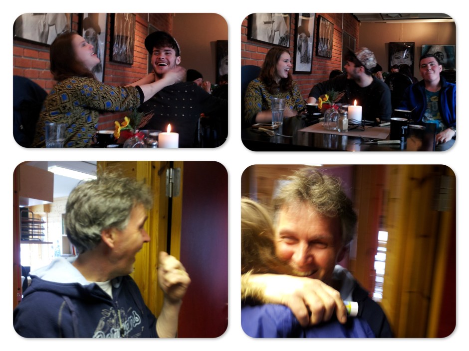 Net bij gekomen van de twee grote verrassingen, kwam er nog een ´wist ik niks van´- verrassing. JANNEKE en INGMAR!! ´Nee pap, ik kan niet komen want ik heb dan een tentamen´. Ja en dat geloof je natuurlijk!. Maar wat was ik blij ze te zien (horen en voelen). Siste overraskelse: JANNEKE (datteren min) med INGMAR (kjæreste av henne)!! Jeg var begeistert!