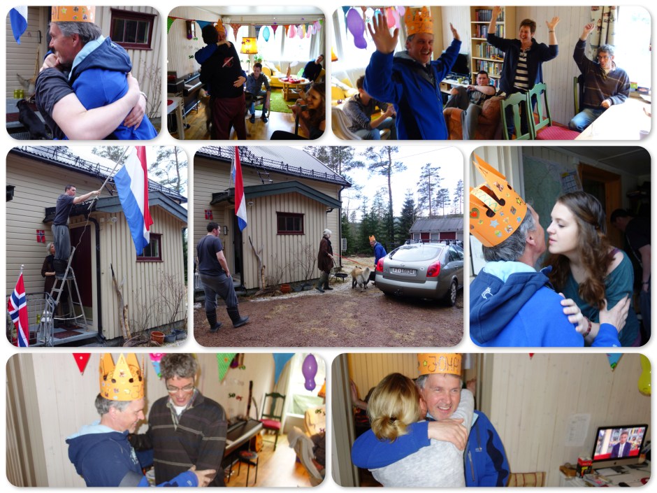 Hier in Noorwegen was het een gewone (werk)dag. Maar omdat het voor mijn een speciale feestdag was, kon ik de middag vrij nemen. Bij thuiskomst was alles versierd en werd ik hartelijk ontvangen. Mijn verjaardagsfeest was begonnen. Ved hjemkomst ble jeg varmt mottatt.   Huset var dekorert. Burtsdagen min ble begynt.